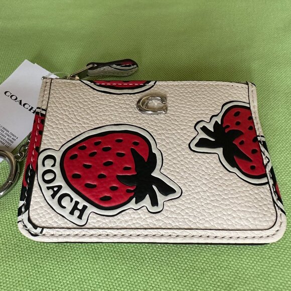 COACH STRAWBERRY PRINT LEATHER MINI SKINNY ID CASE:NWT STRAWBERRY/CHALK … - Picture 7 of 15